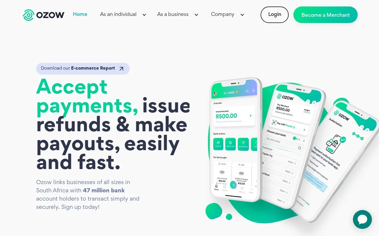 Screenshot of the Ozow homepage
