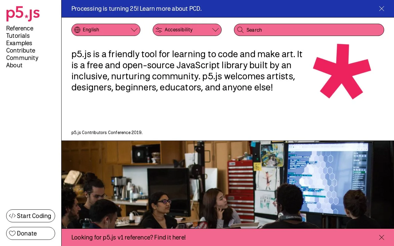 Screenshot of the p5.js homepage