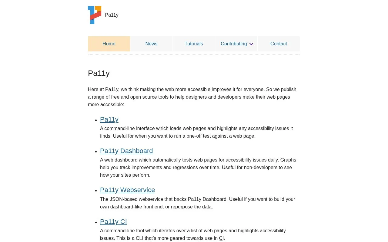 Screenshot of the Pa11y homepage