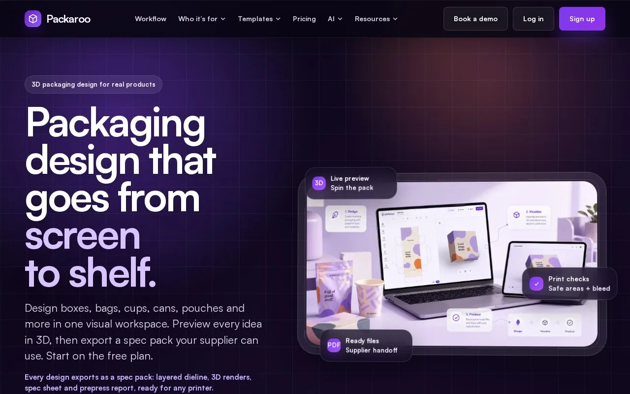Screenshot of the Packaroo homepage