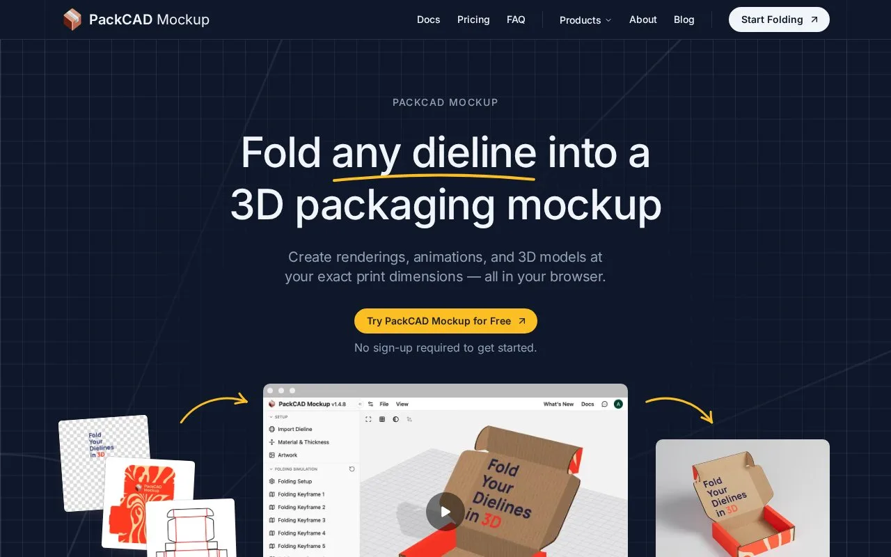 Screenshot of the PackCAD Mockup homepage