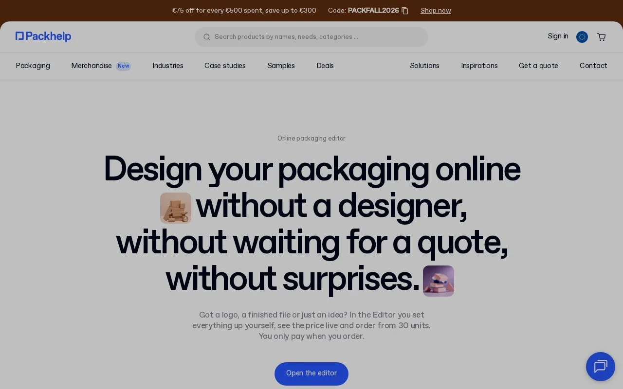 Screenshot of the Packhelp Editor homepage
