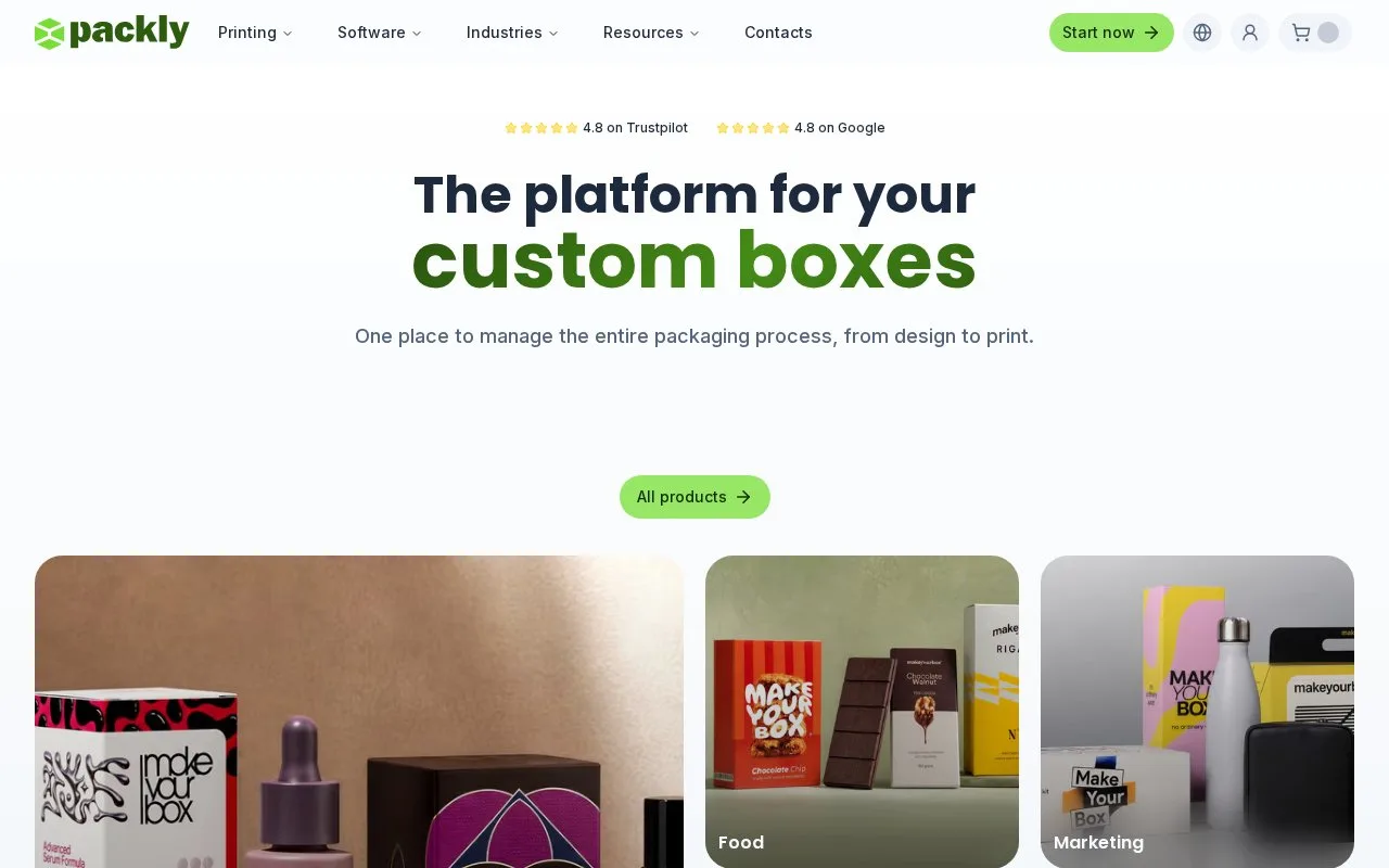 Screenshot of the Packly homepage