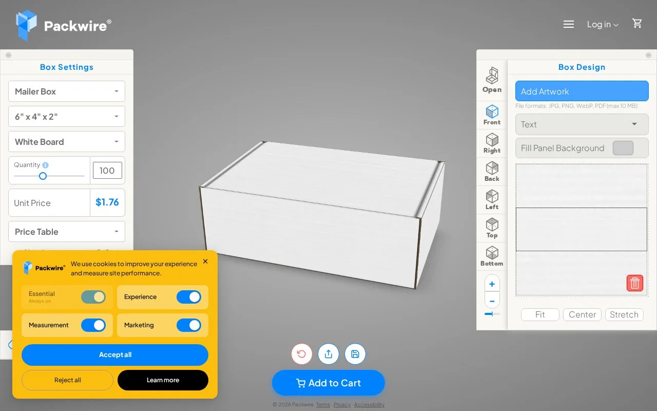 Screenshot of the Packwire 3D Configurator homepage
