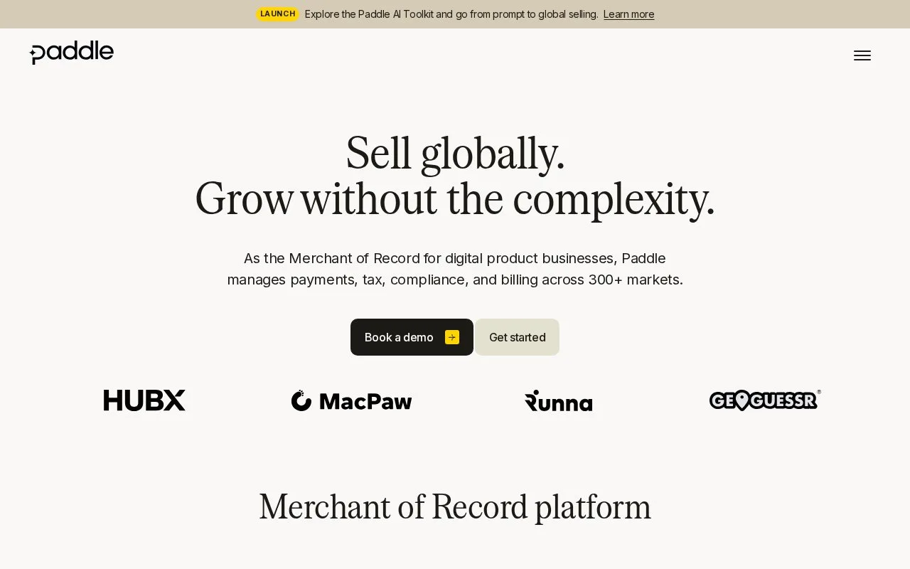 Screenshot of the Paddle homepage