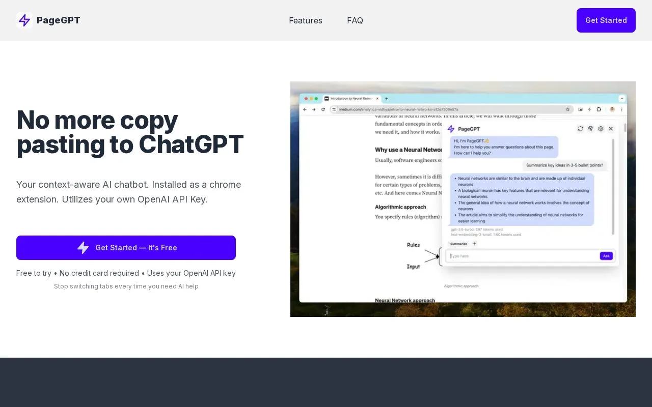 Screenshot of the PageGPT homepage