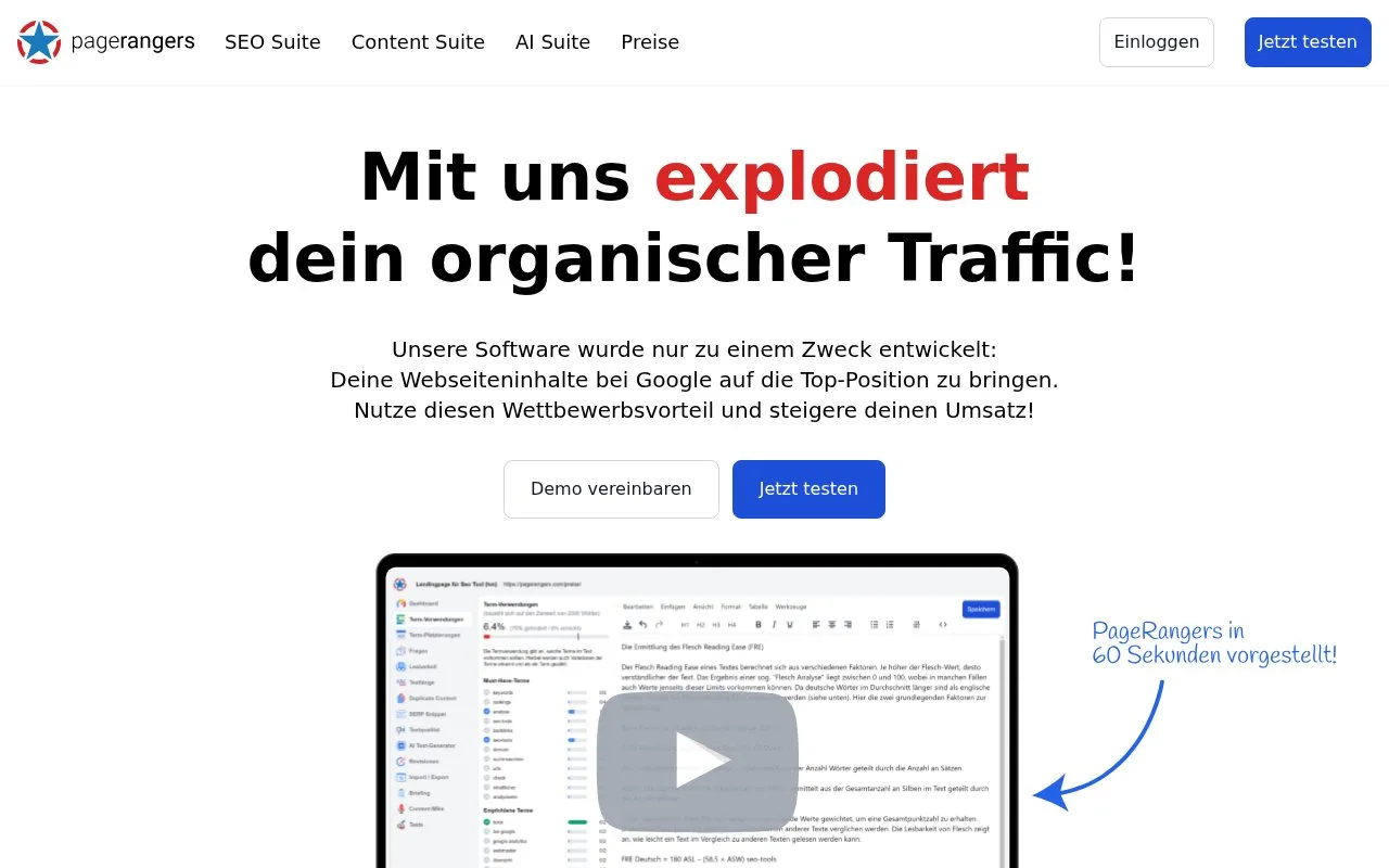 Screenshot of the PageRangers homepage