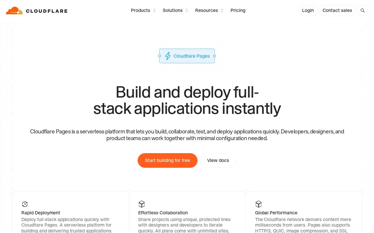 Screenshot of the Cloudflare Pages homepage