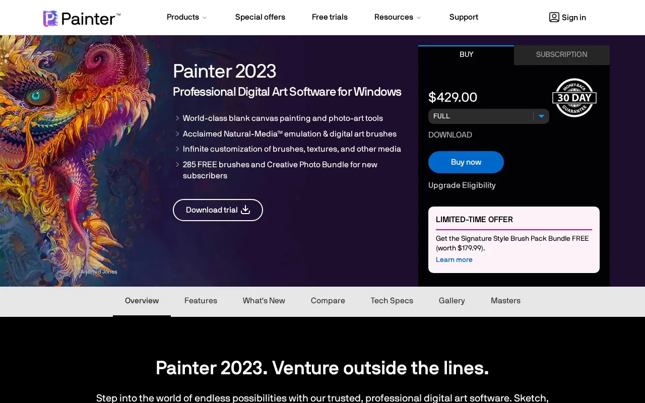 Screenshot of the Corel Painter homepage
