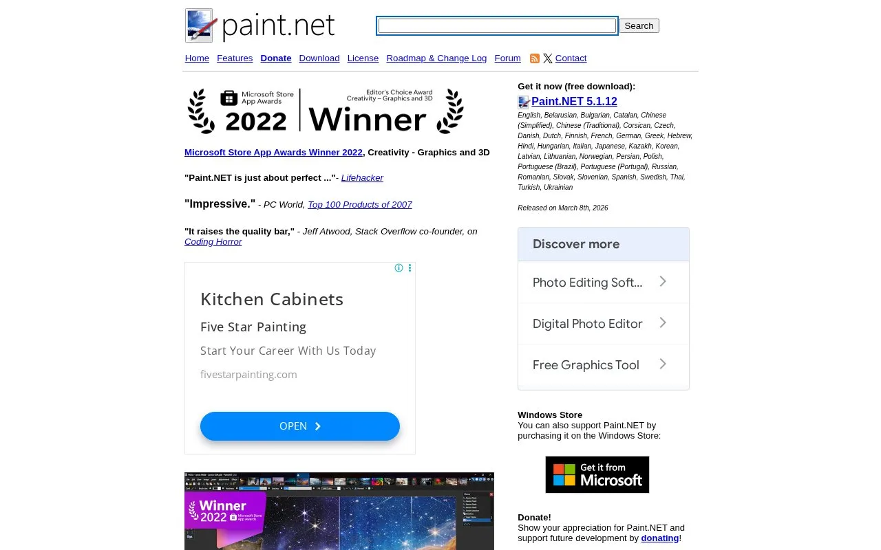 Screenshot of the Paint.NET homepage