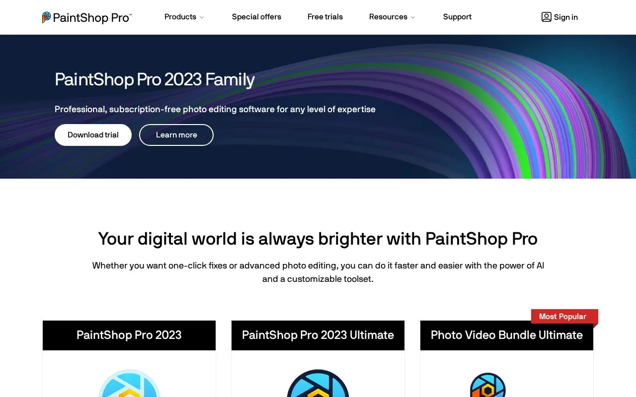 Screenshot of the PaintShop Pro homepage