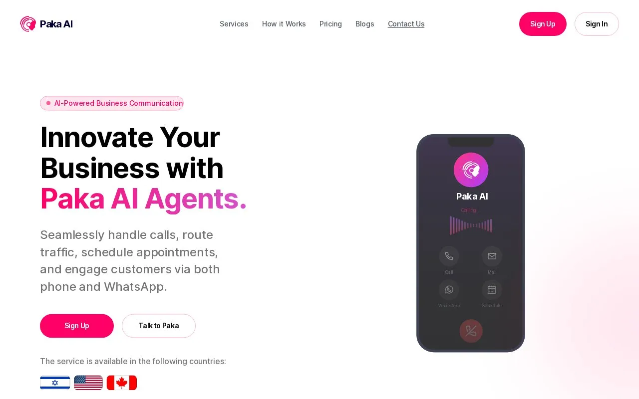 Screenshot of the Paka AI homepage
