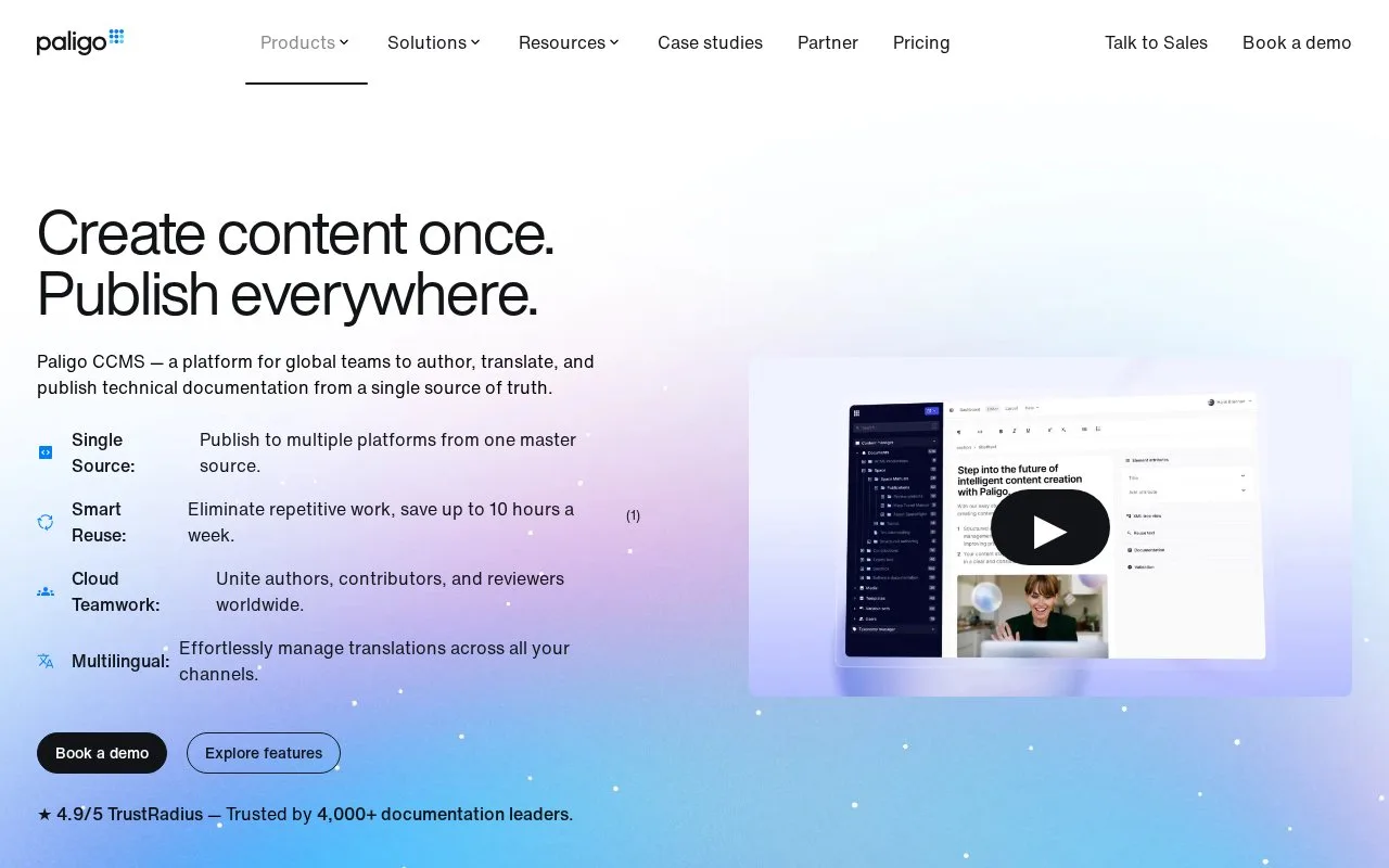 Screenshot of the Paligo homepage