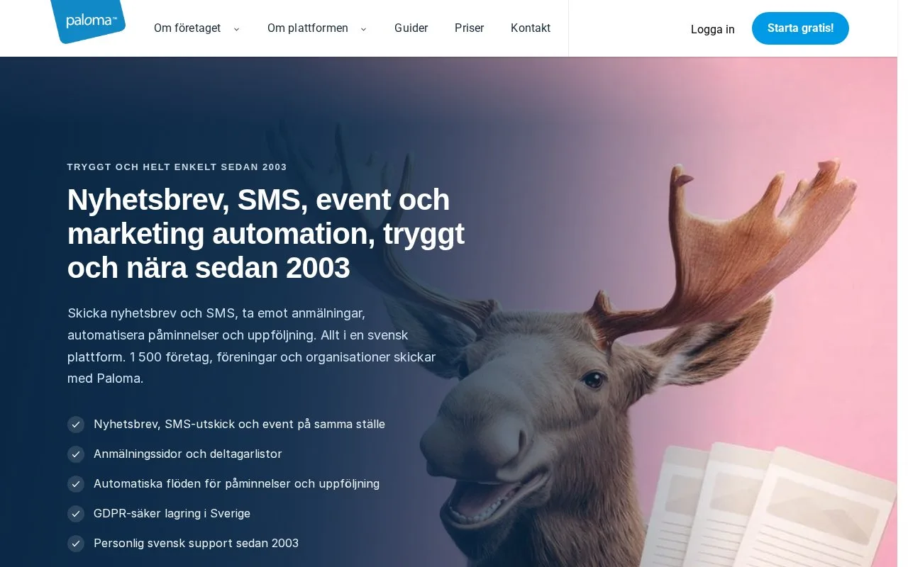 Screenshot of the Paloma homepage
