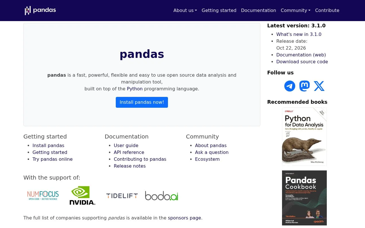 Screenshot of the pandas homepage