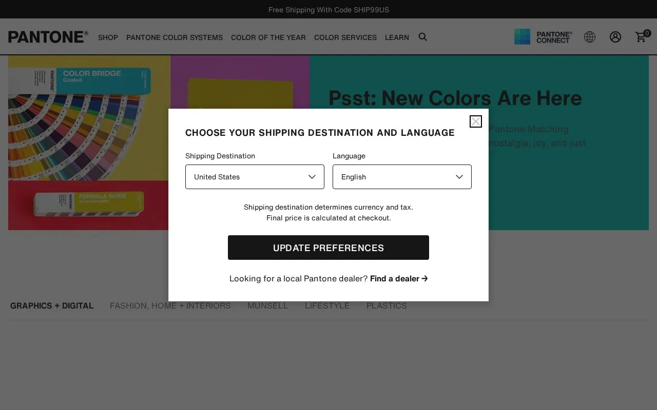 Screenshot of the Pantone homepage