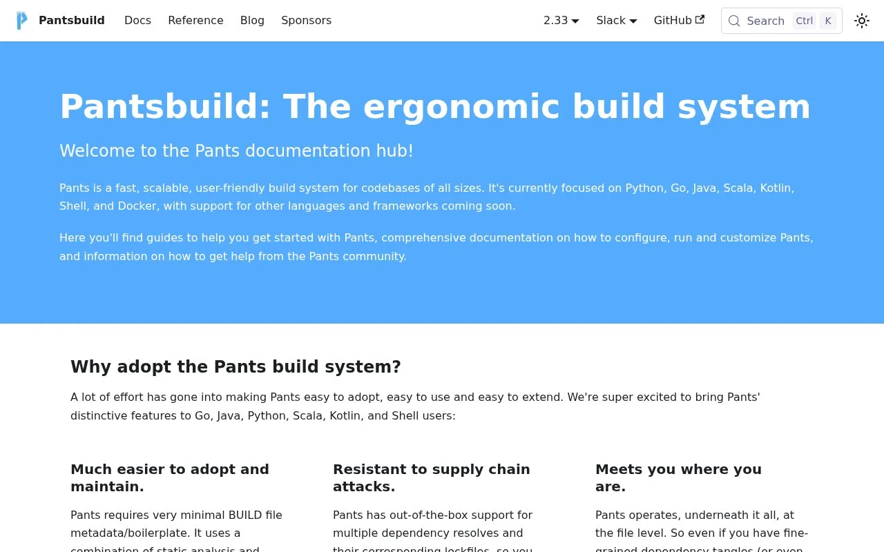 Screenshot of the Pants homepage