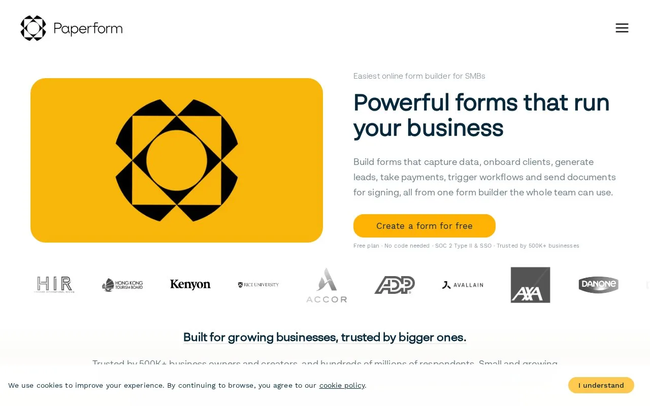 Screenshot of the Paperform homepage