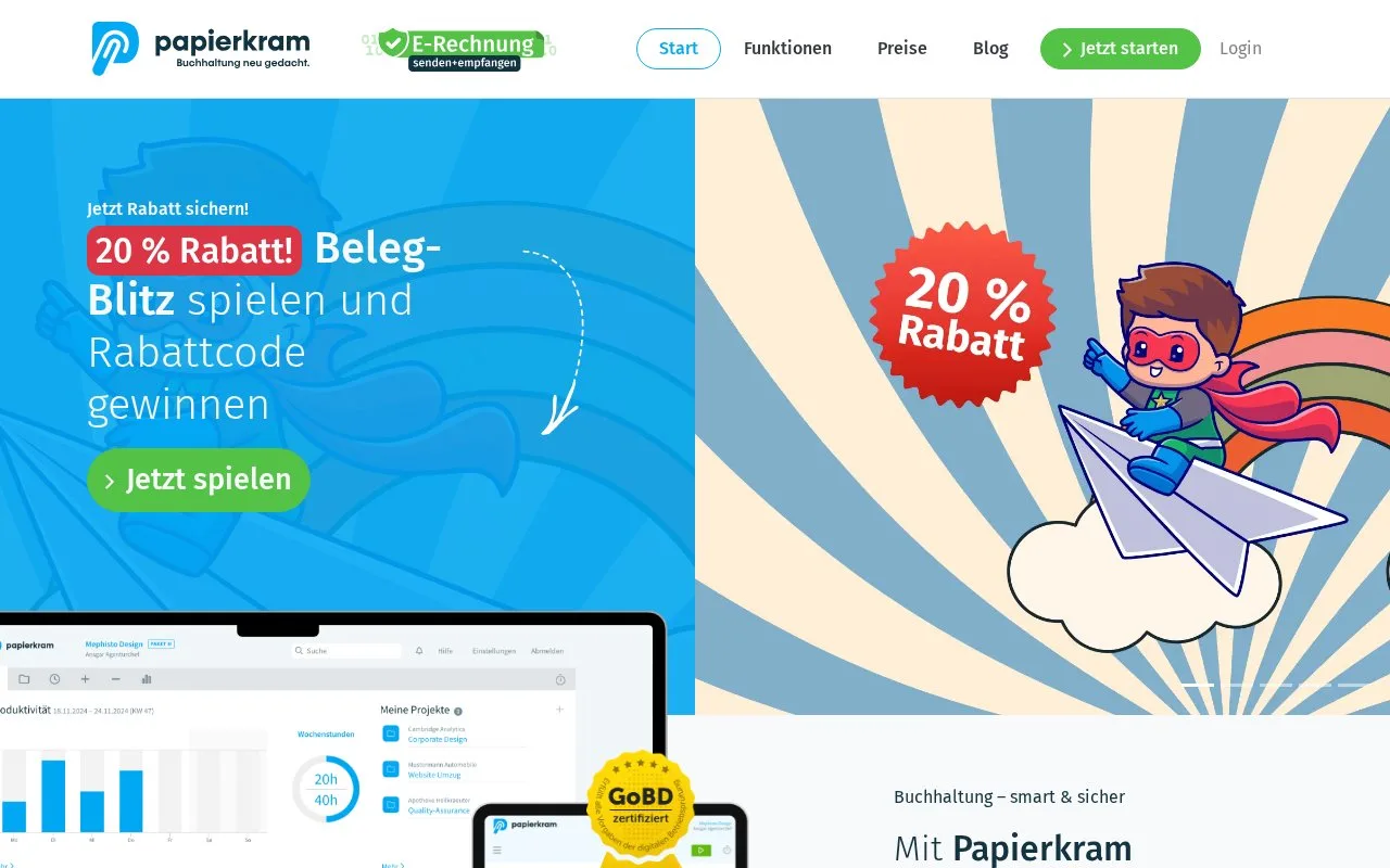 Screenshot of the Papierkram homepage