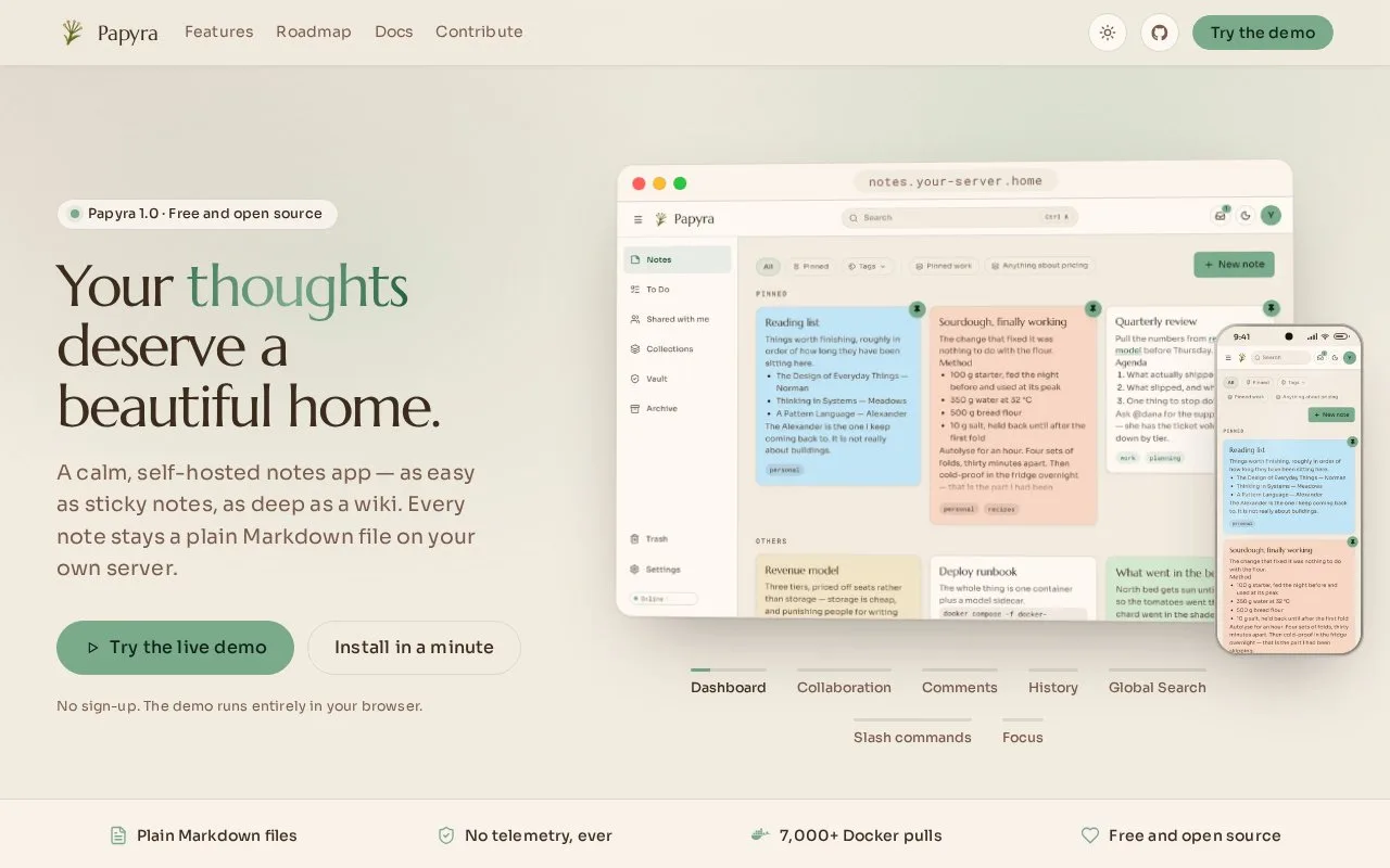 Screenshot of the Papyra homepage