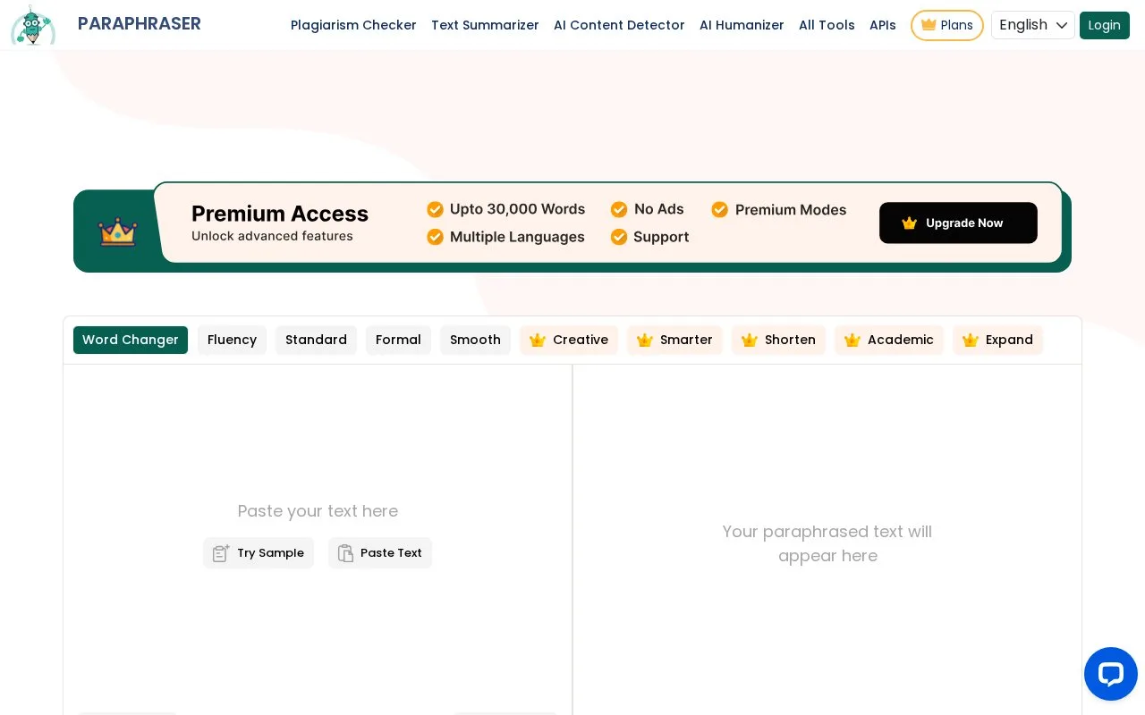 Screenshot of the Paraphraser homepage