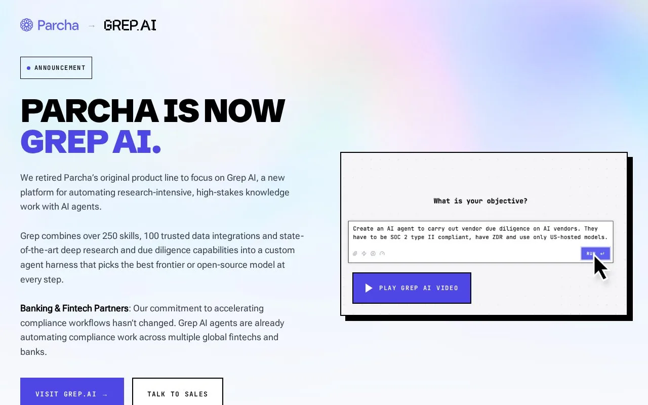 Screenshot of the Grep AI homepage