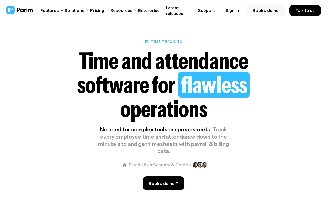 Screenshot of the Parim Time Tracking homepage