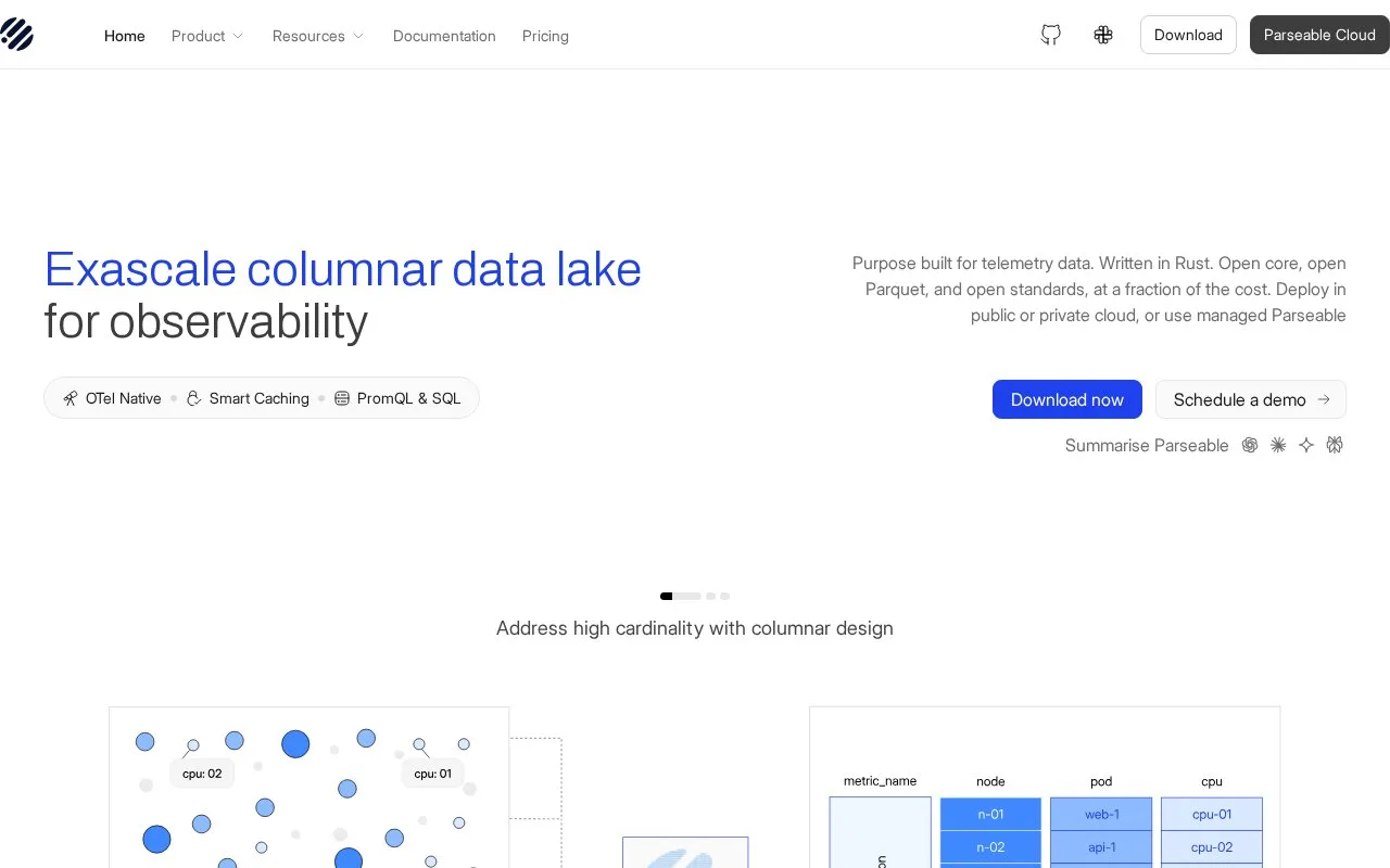 Screenshot of the Parseable homepage