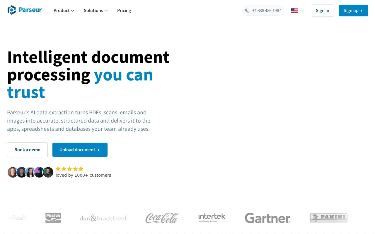 Screenshot of the Parseur homepage