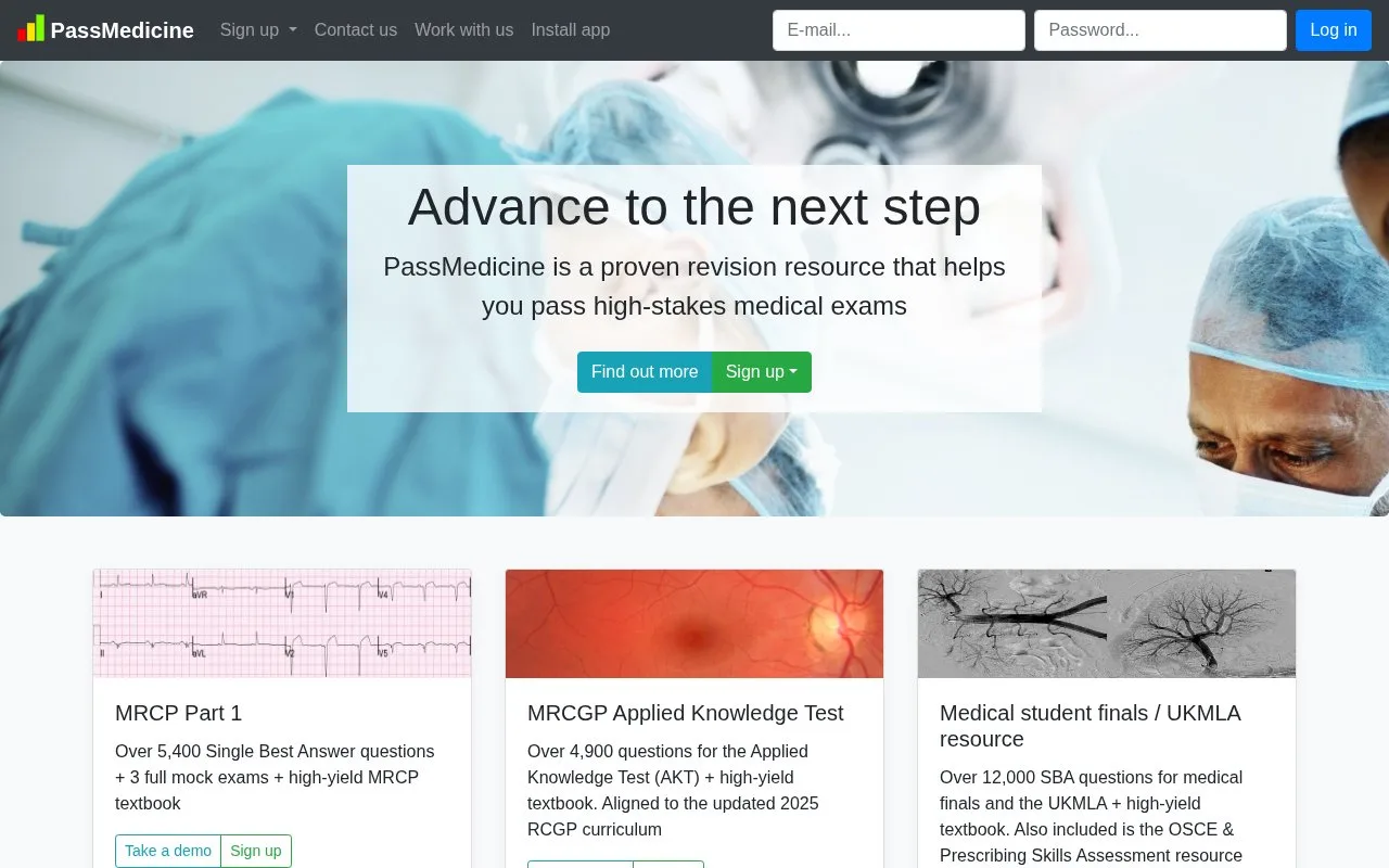 Screenshot of the PassMedicine homepage