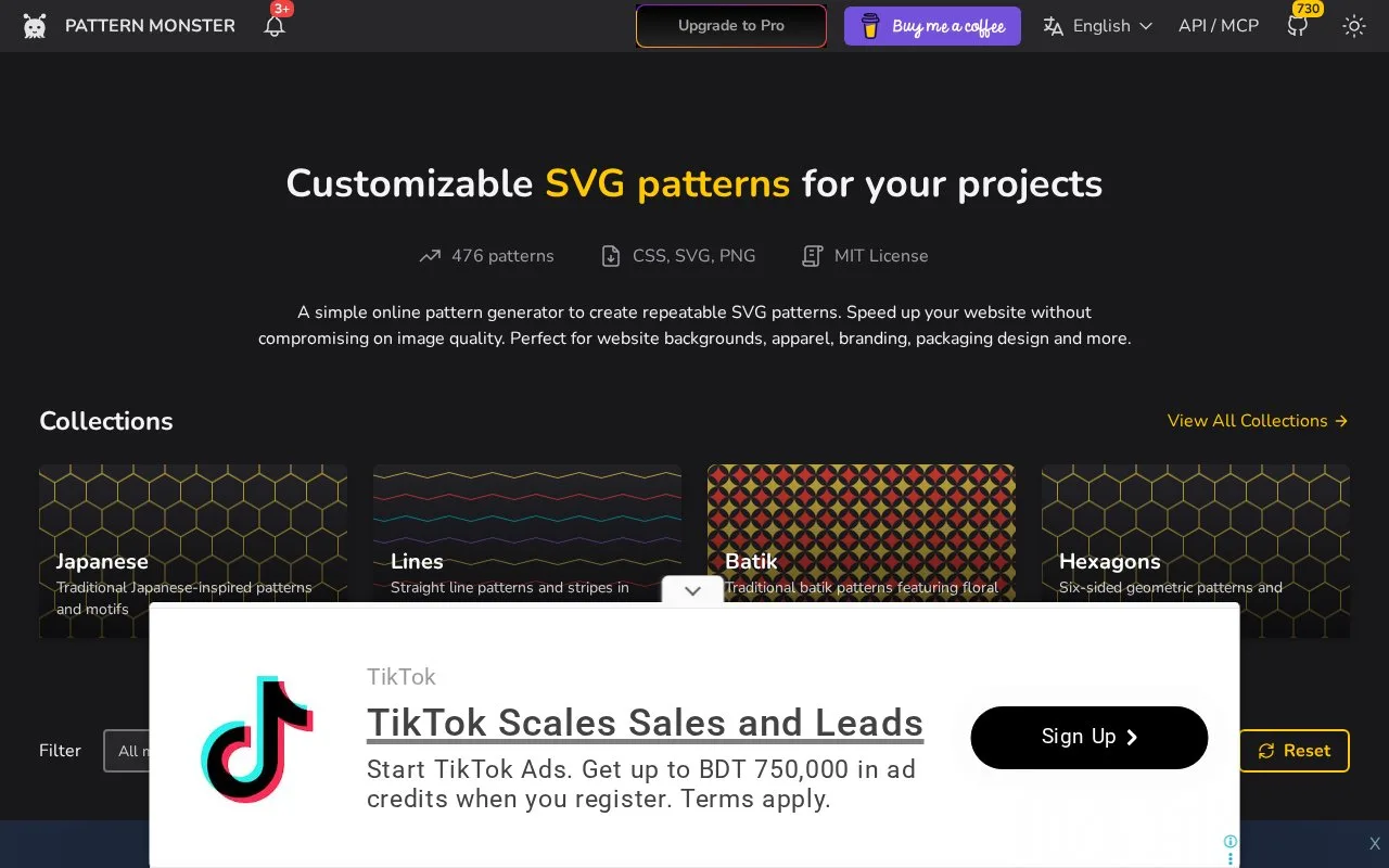 Screenshot of the Pattern Monster homepage