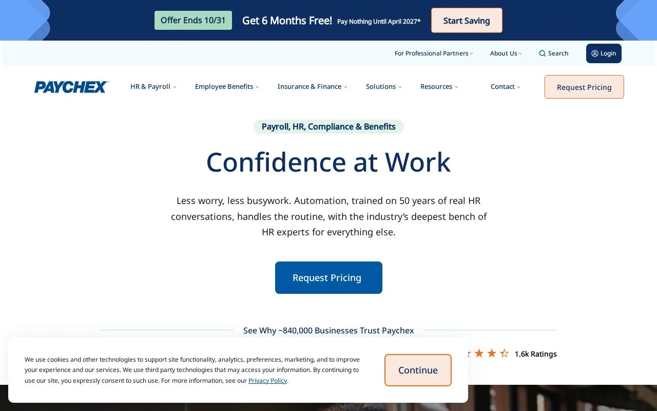 Screenshot of the Paychex Flex homepage
