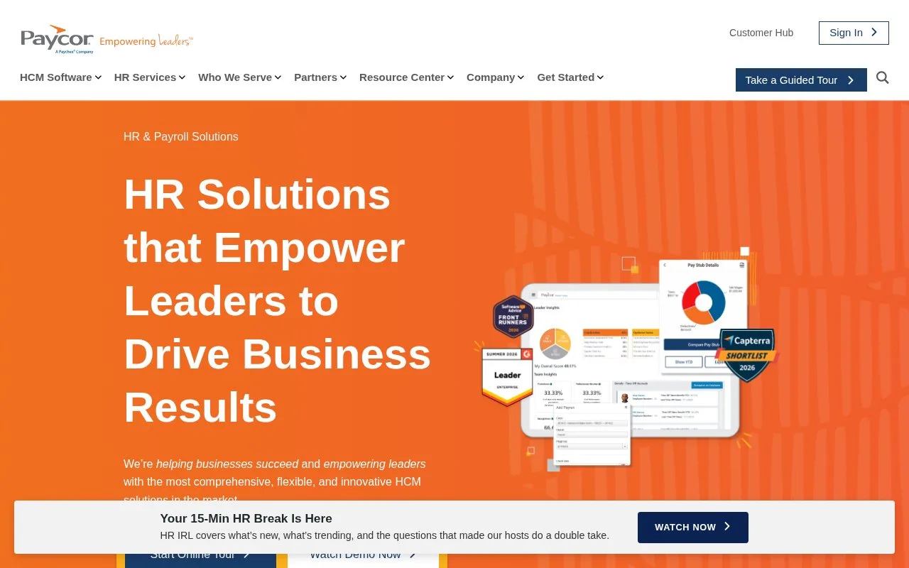Screenshot of the Paycor homepage