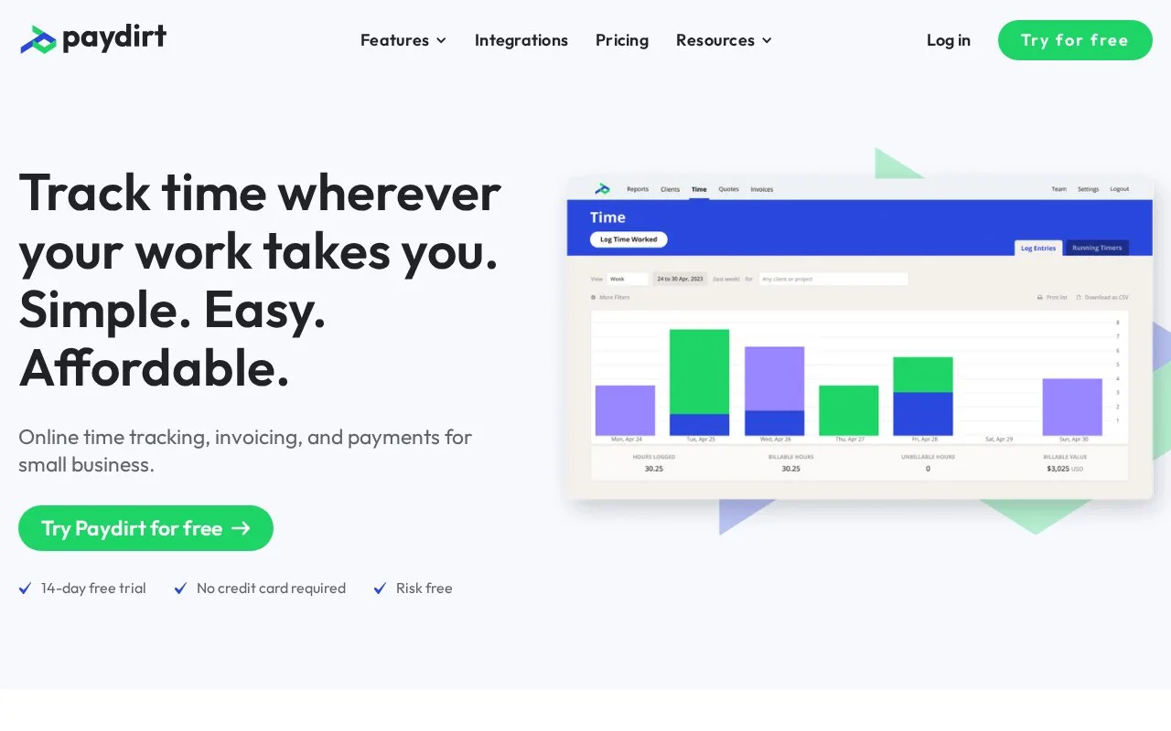 Screenshot of the Paydirt homepage