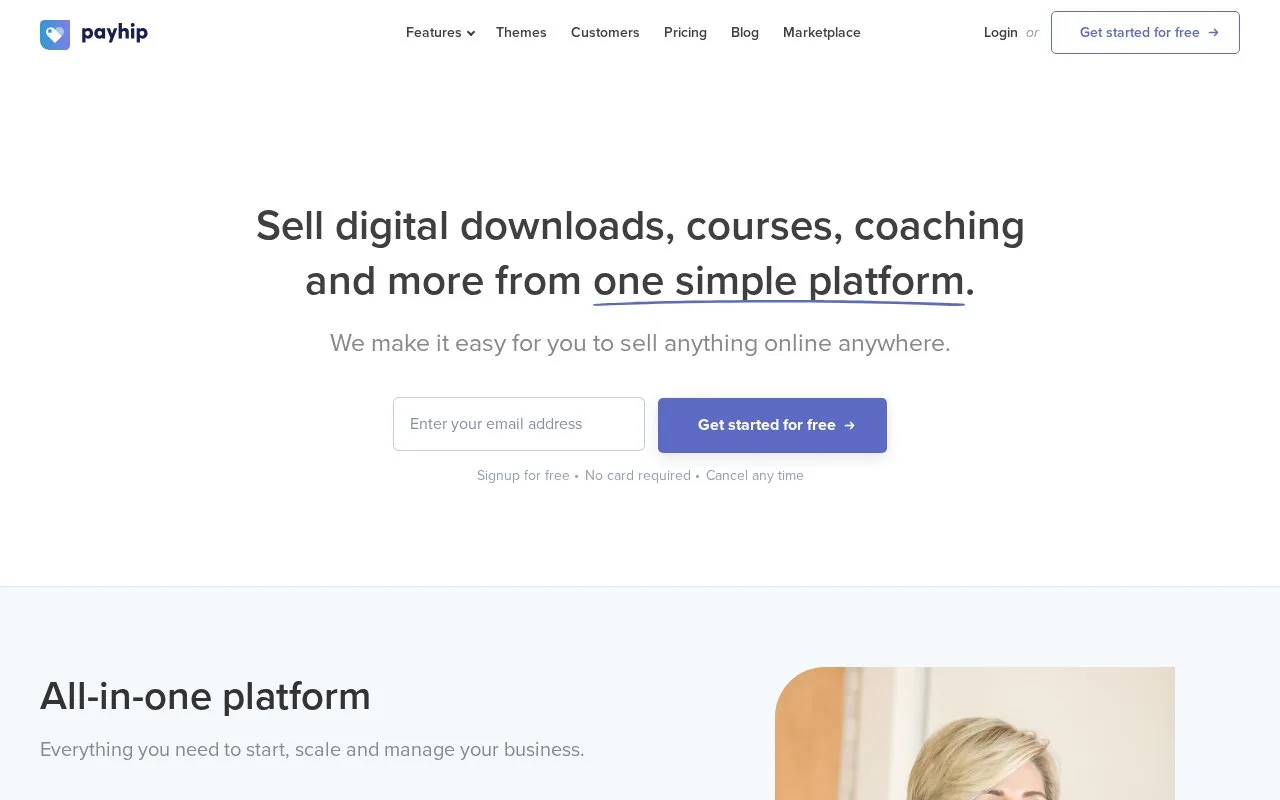 Screenshot of the Payhip homepage