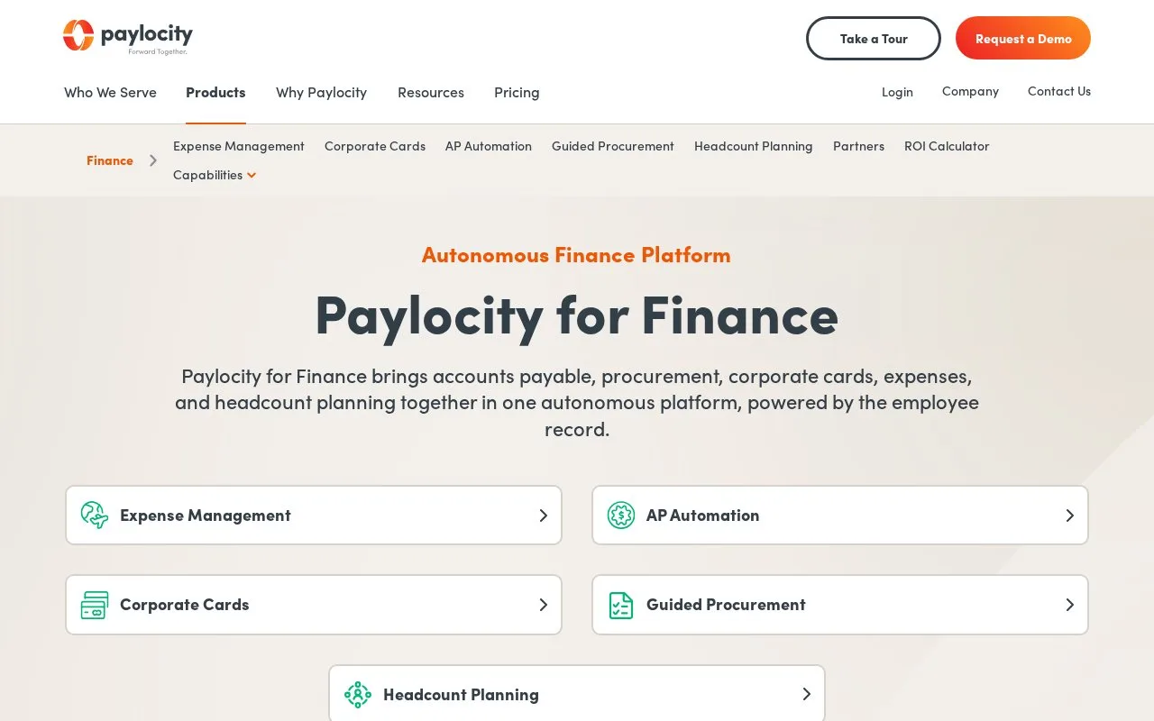Screenshot of the Paylocity for Finance homepage