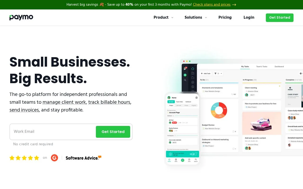 Screenshot of the Paymo homepage