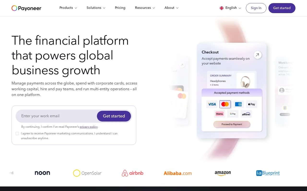 Screenshot of the Payoneer homepage