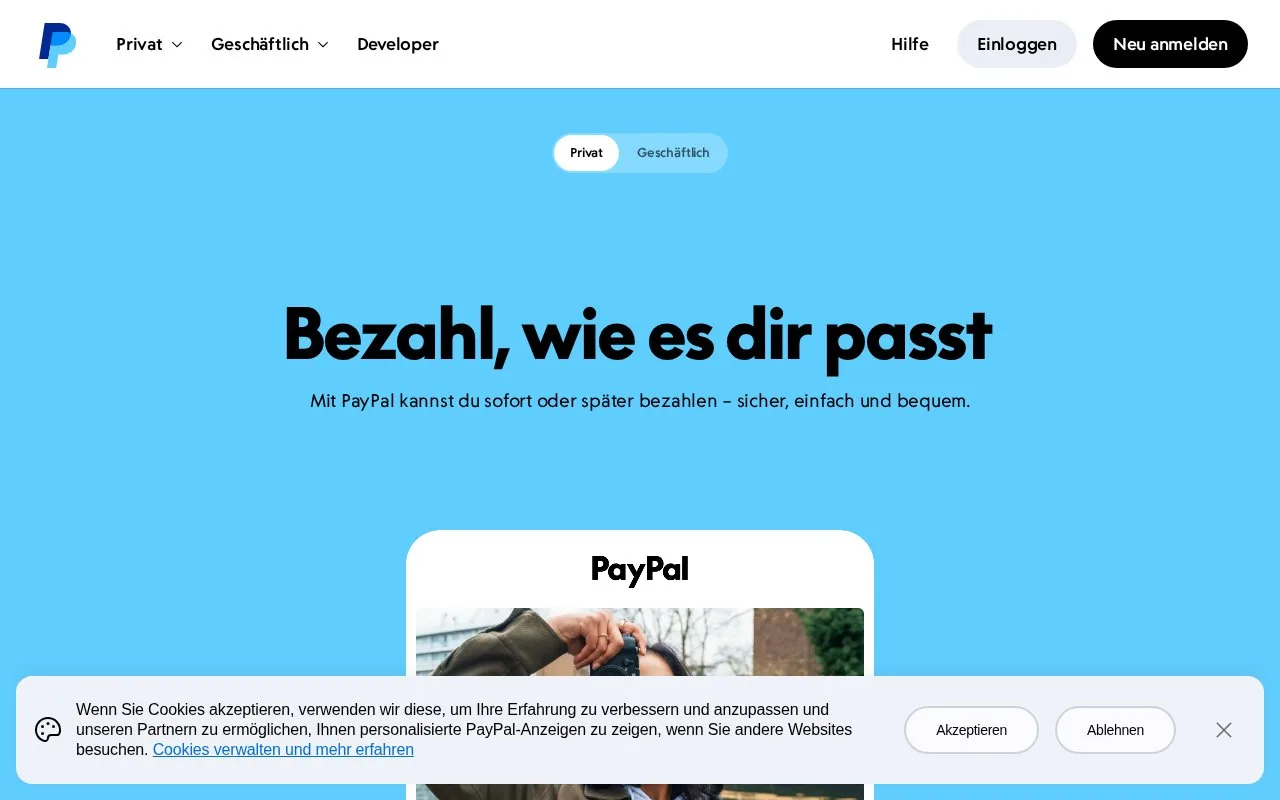 Screenshot of the PayPal homepage
