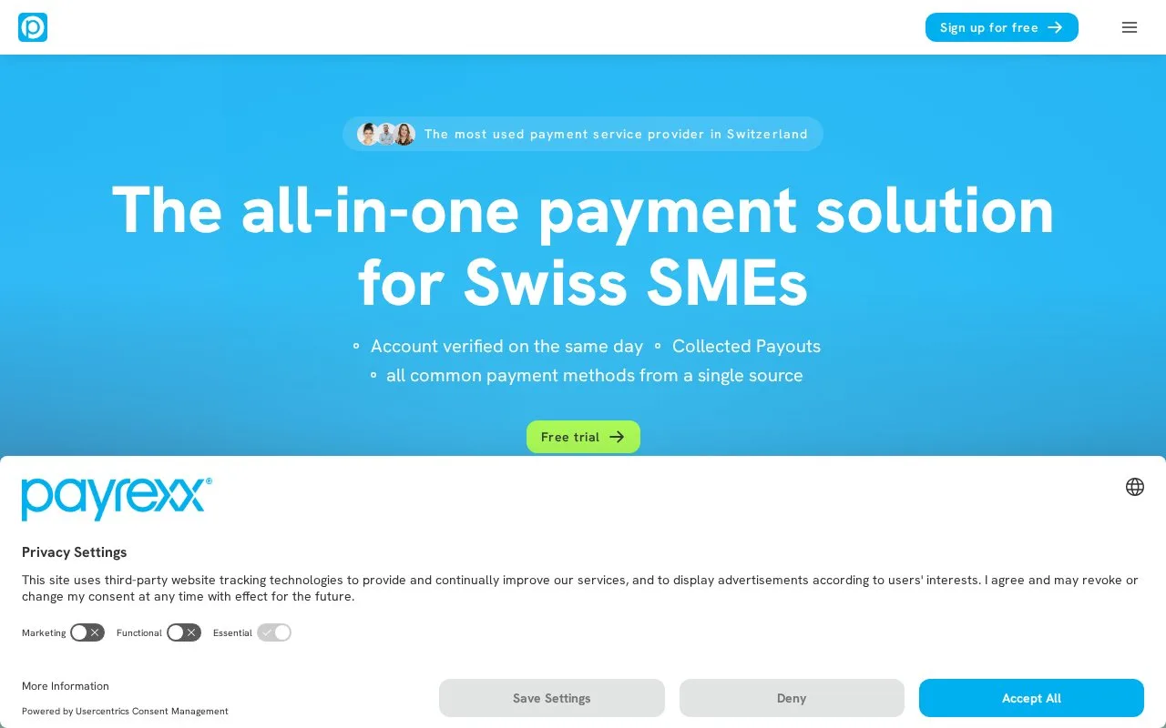 Screenshot of the Payrexx homepage