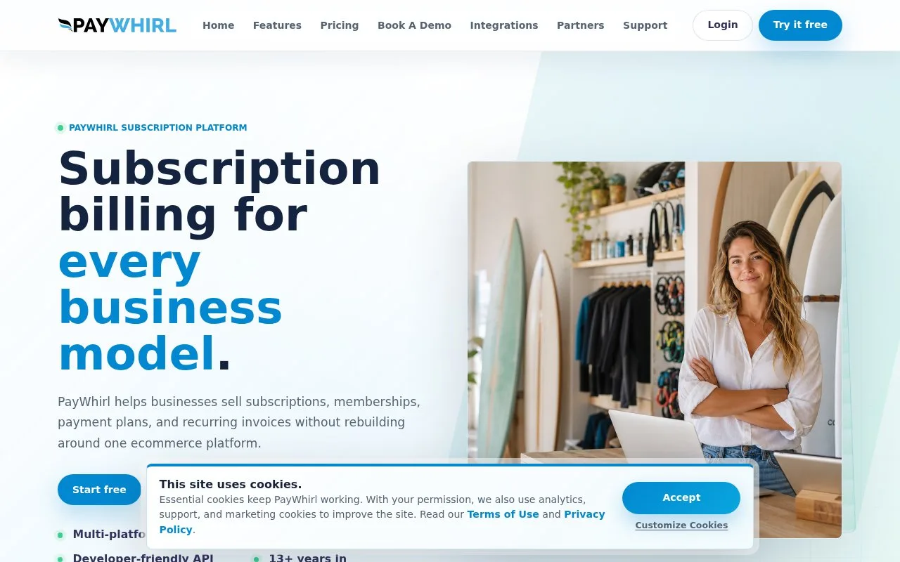 Screenshot of the PayWhirl homepage