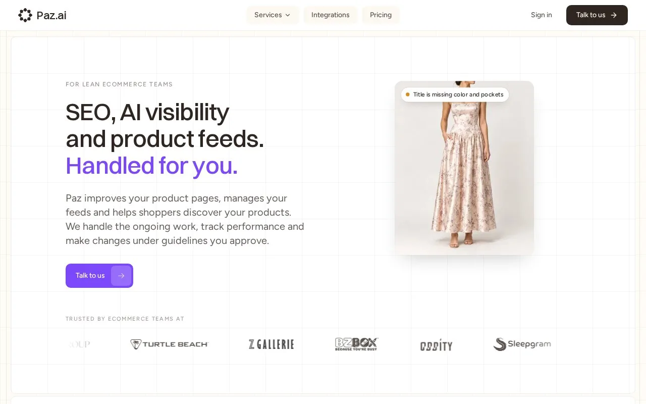 Screenshot of the Paz homepage