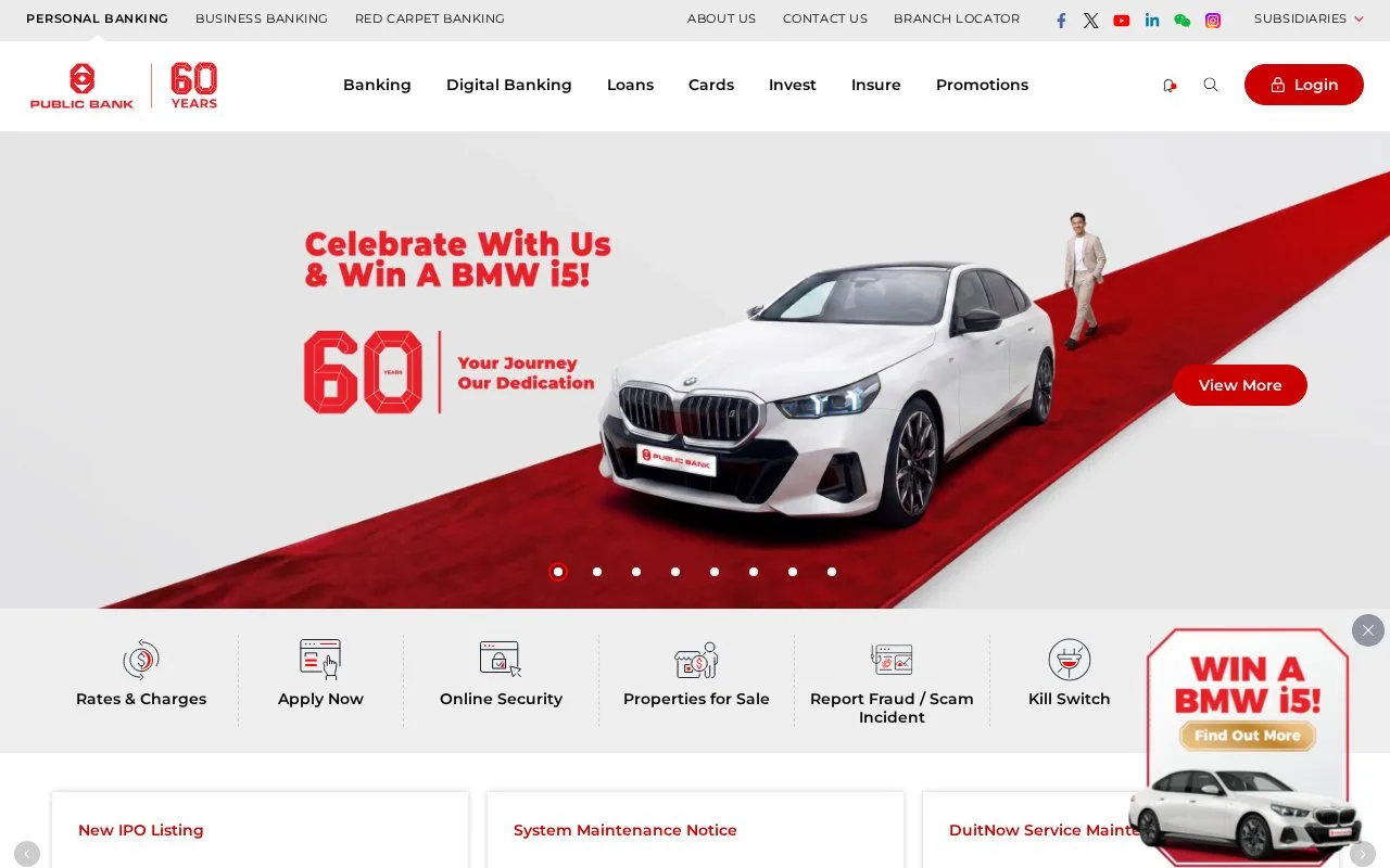 Screenshot of the Public Bank homepage