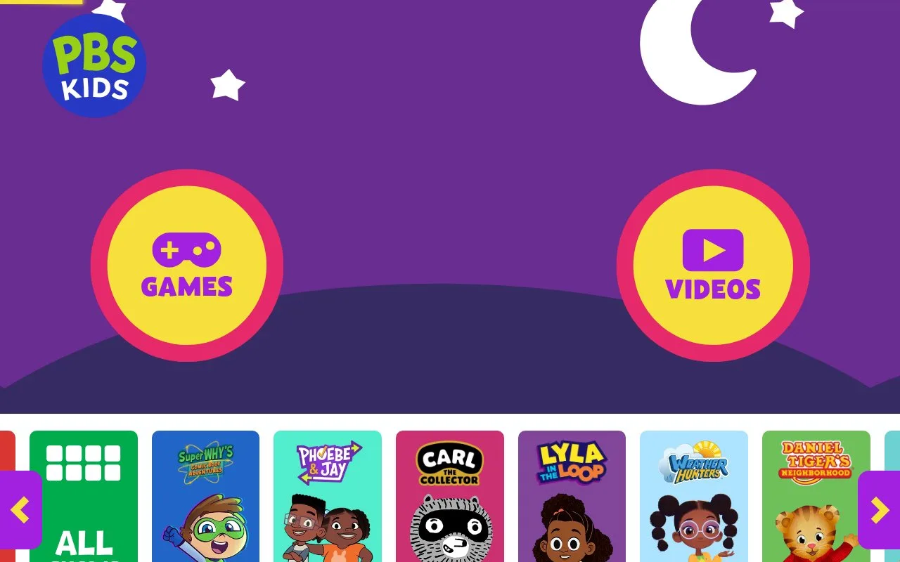 Screenshot of the PBS KIDS homepage