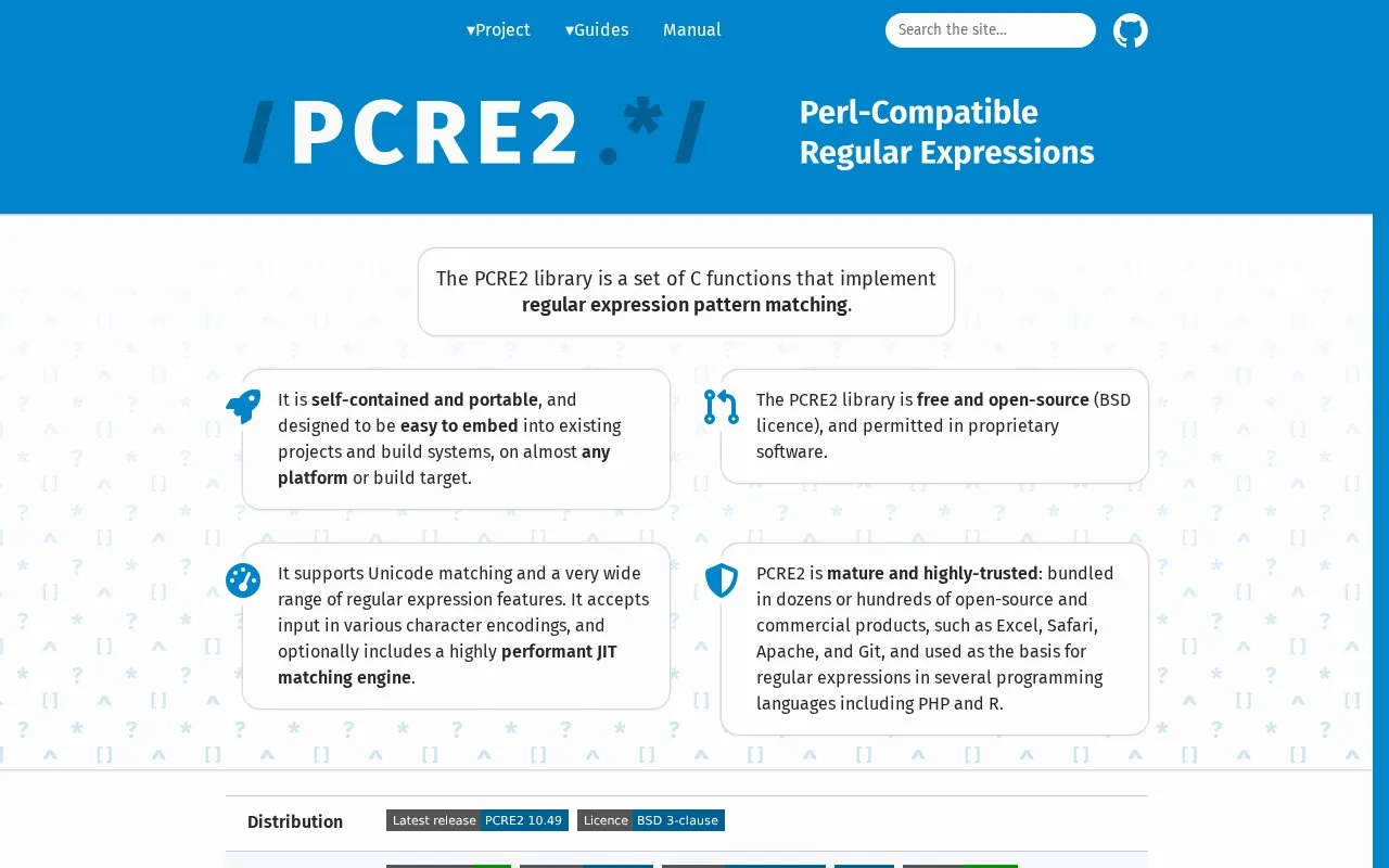 Screenshot of the PCRE2 homepage