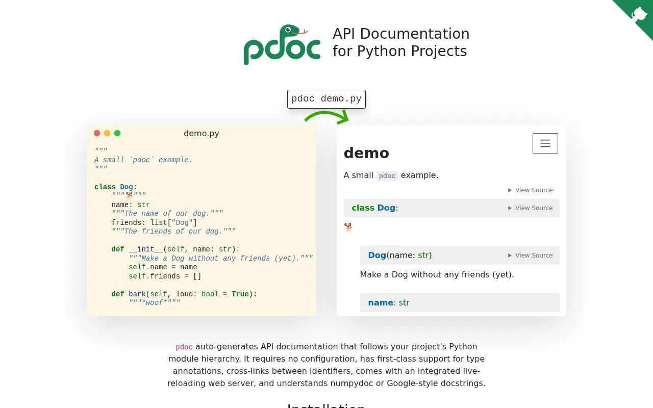 Screenshot of the pdoc homepage