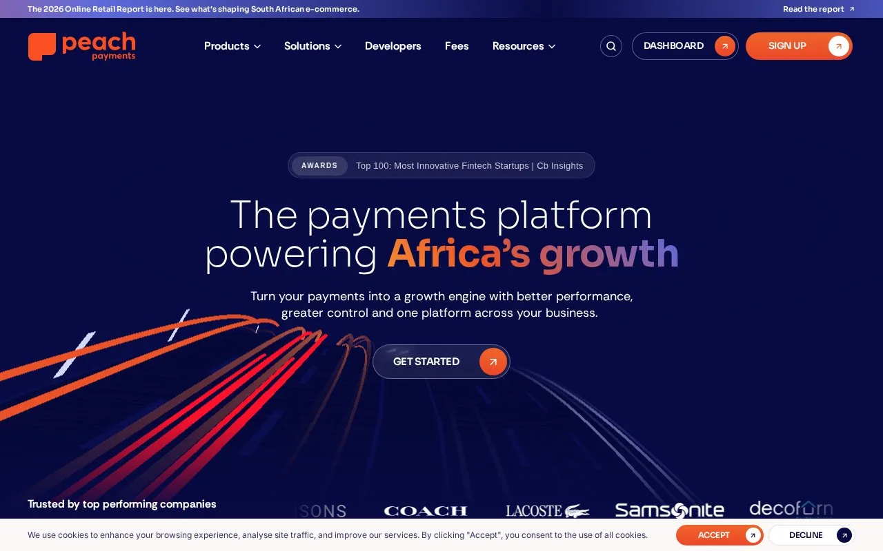 Screenshot of the Peach Payments homepage