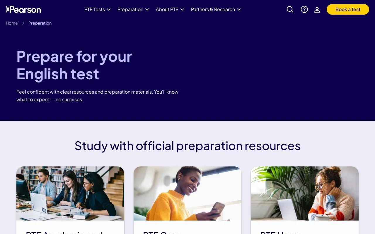 Screenshot of the Pearson PTE Preparation homepage