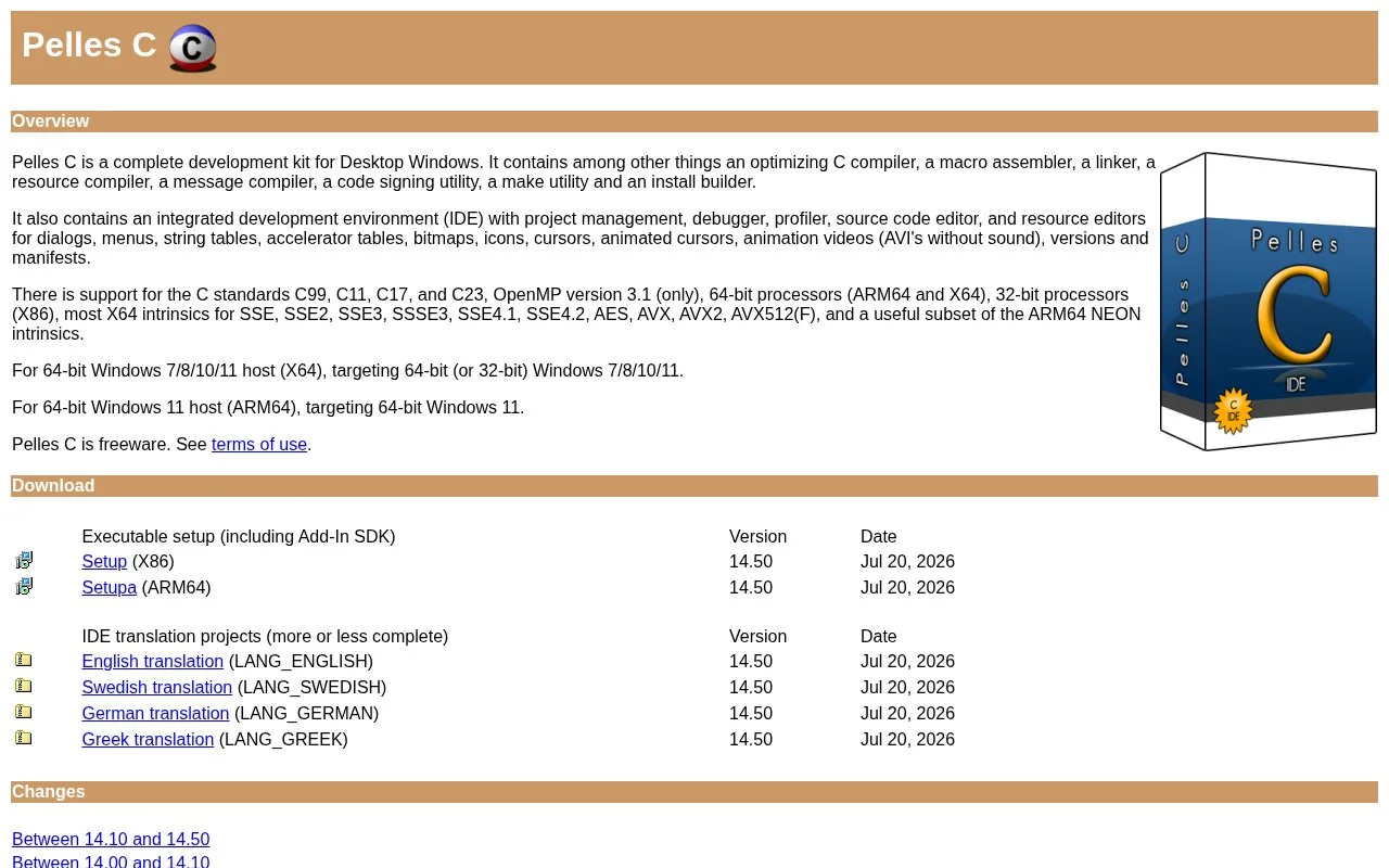 Screenshot of the Pelles C homepage