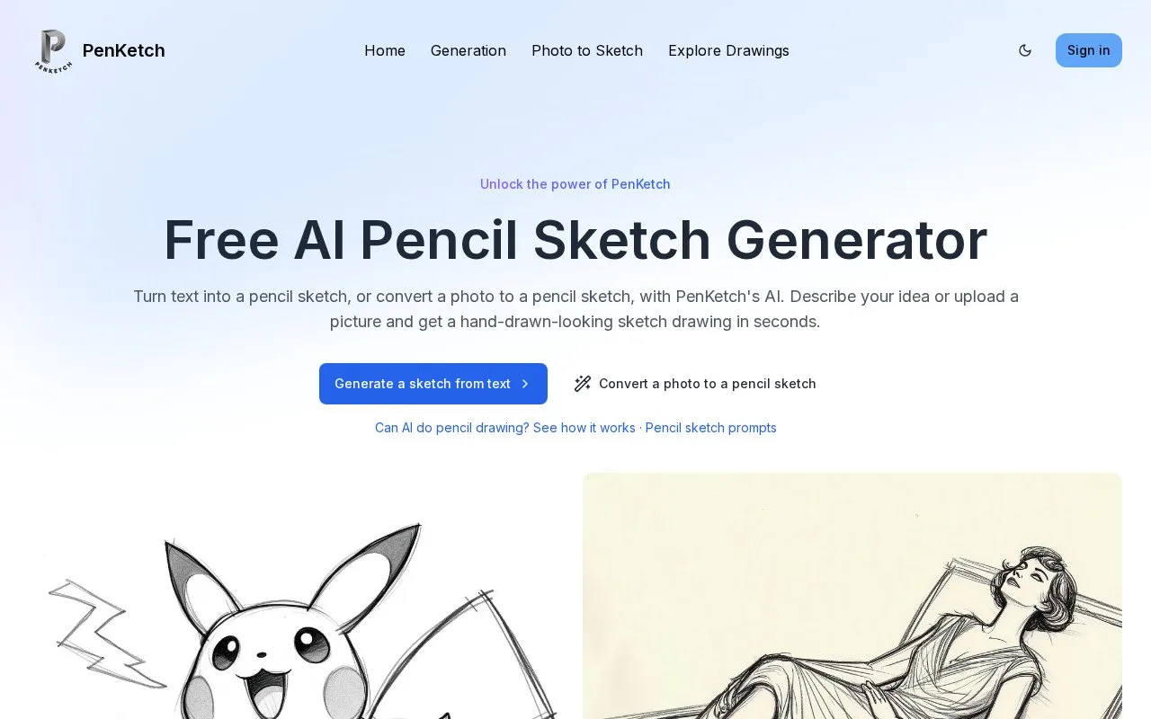 Screenshot of the PenKetch homepage